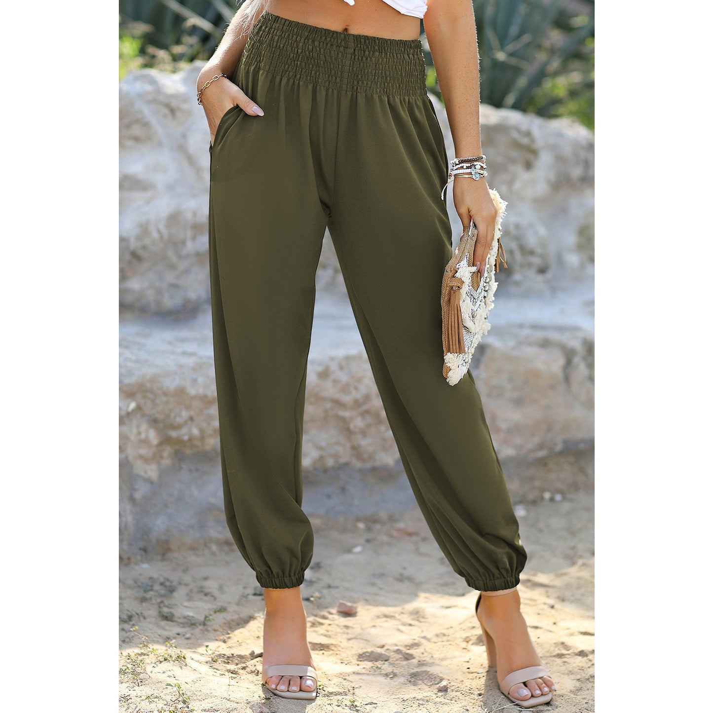 Dodie Green Smocked High Waist Joggers