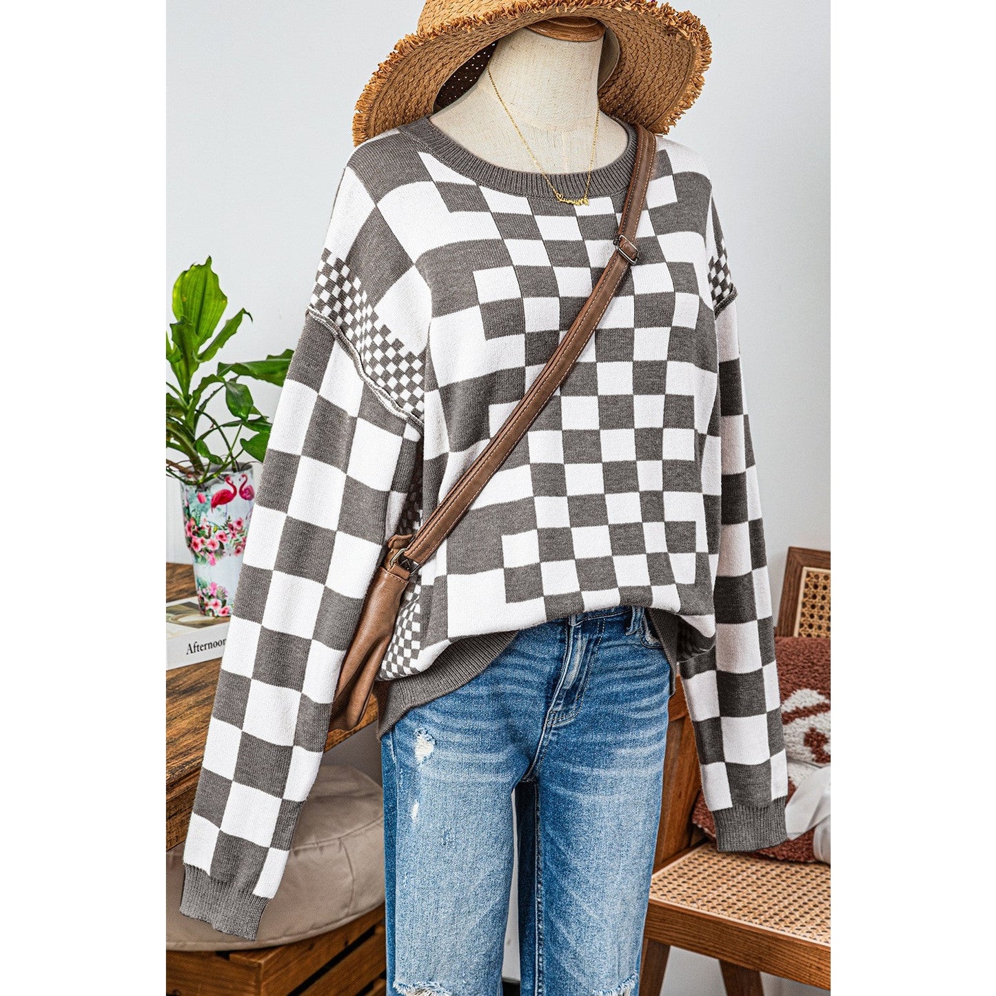 Cheza Grey Checkered Print Drop Shoulder Round Neck Sweater