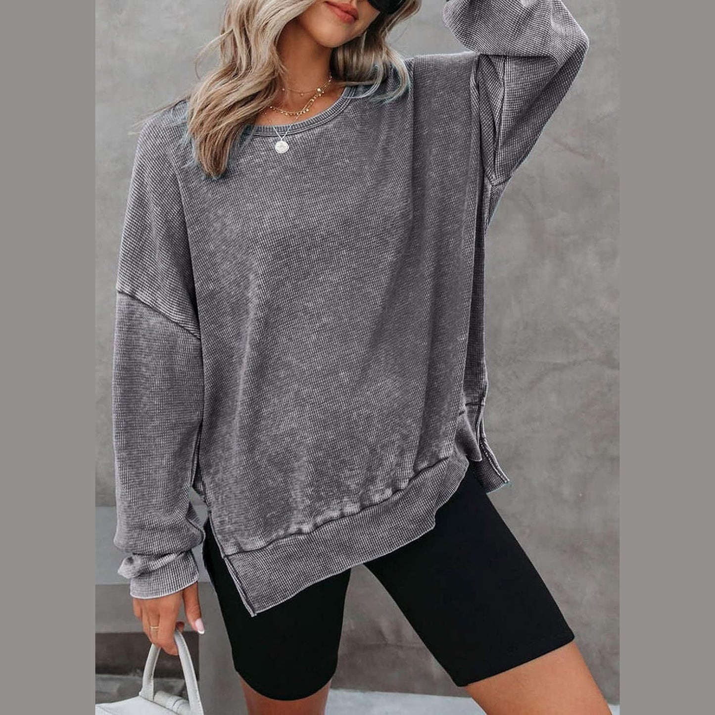 Latoya Oversized Waffle Knit Side Split Sweatshirt - 6 Colors