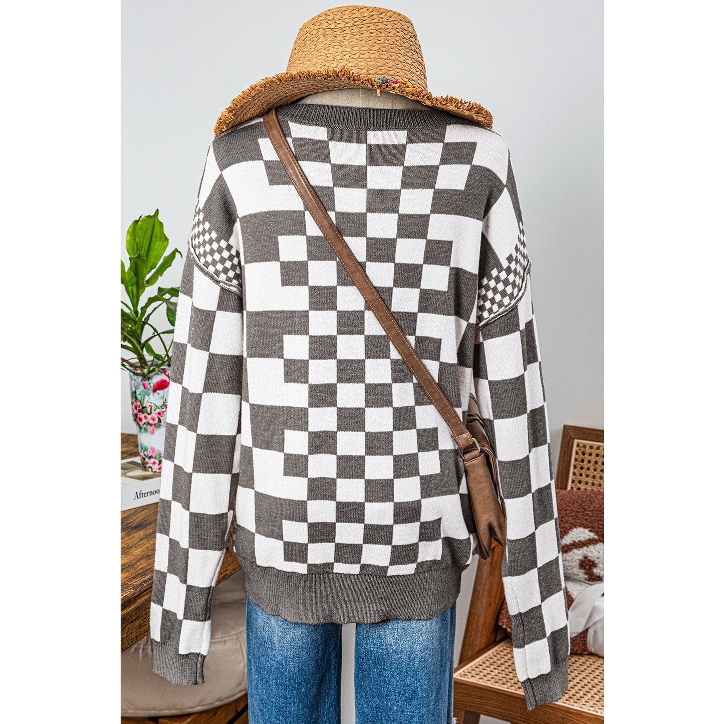 Cheza Grey Checkered Print Drop Shoulder Round Neck Sweater