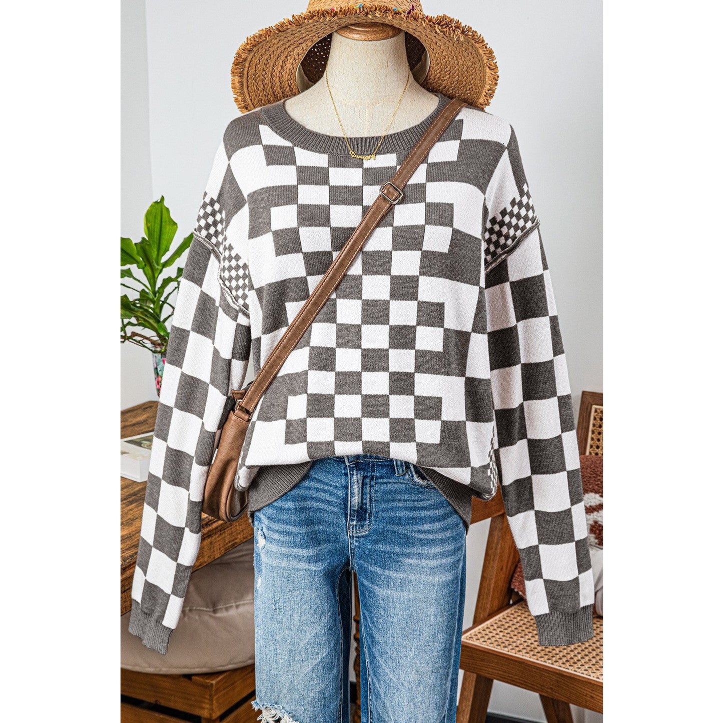 Cheza Grey Checkered Print Drop Shoulder Round Neck Sweater