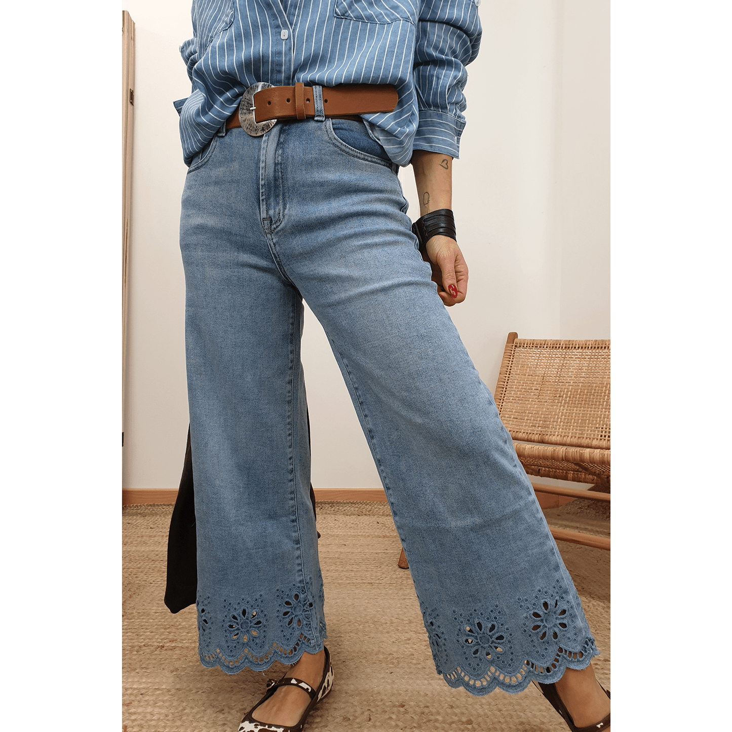 Harlyn Dusk Blue Embroidered Cropped Wide Leg High Waist Jeans