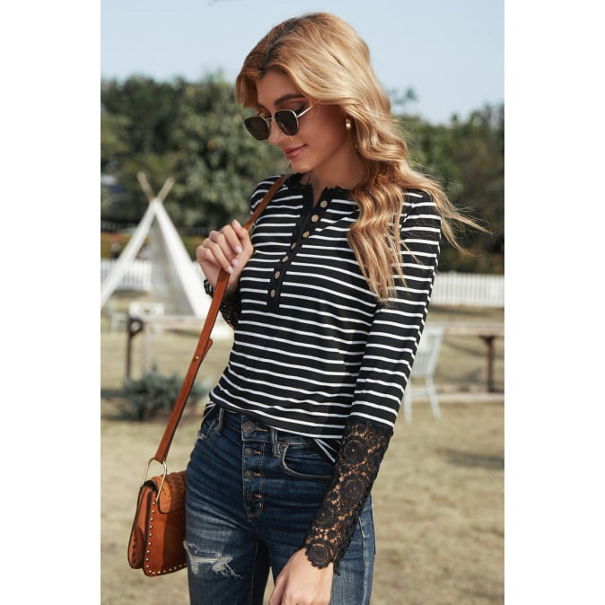RTS Harlise Lace Striped Splicing Hollow-out Button Long Sleeves Top