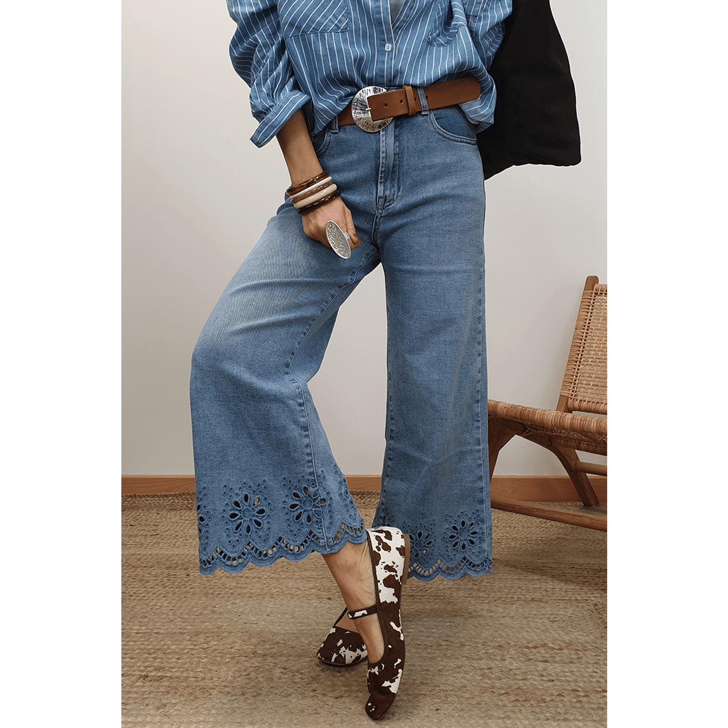 Harlyn Dusk Blue Embroidered Cropped Wide Leg High Waist Jeans