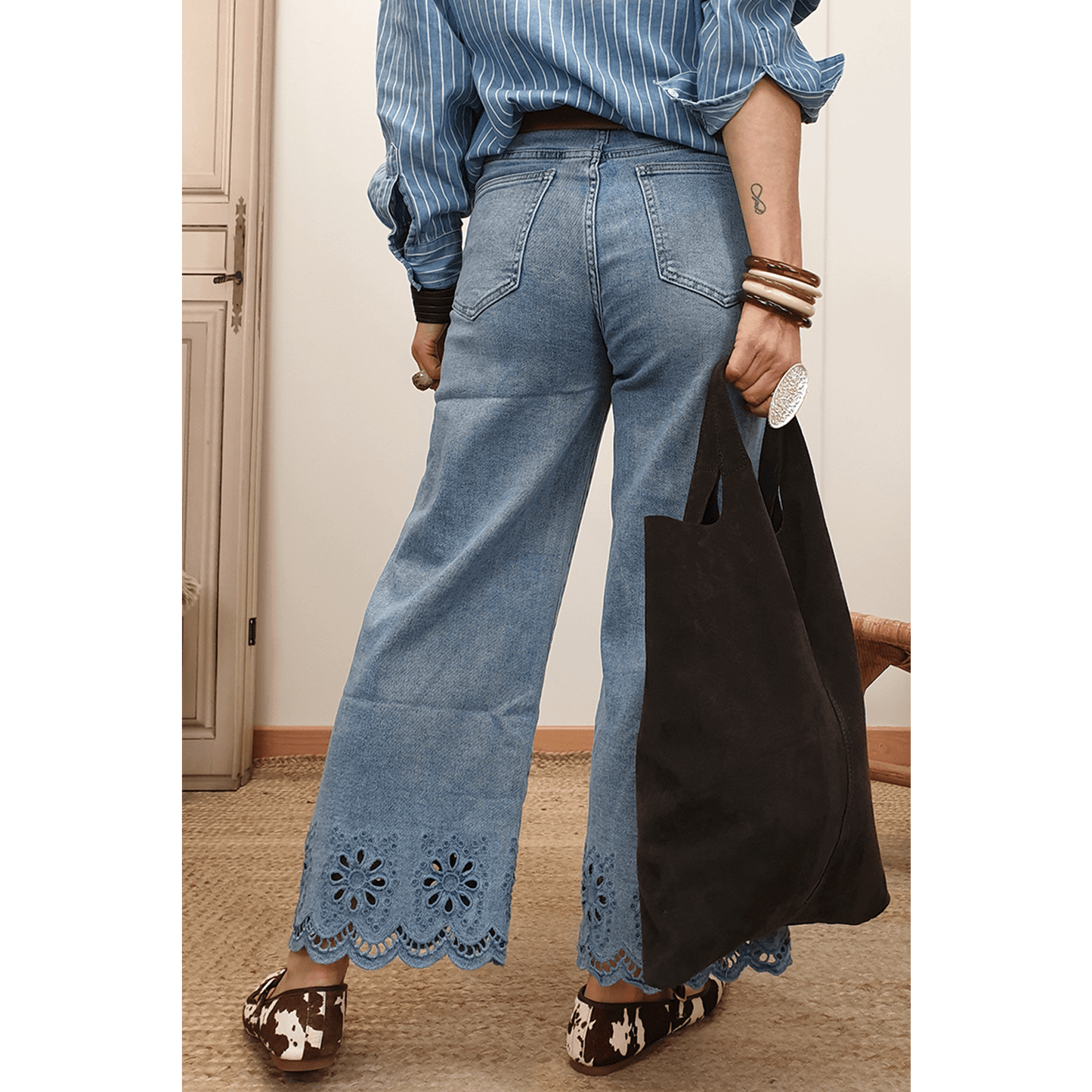 Harlyn Dusk Blue Embroidered Cropped Wide Leg High Waist Jeans