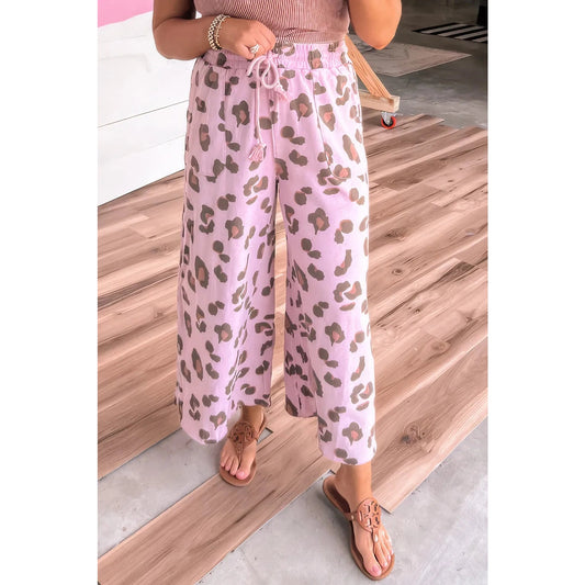 Hazal Pink Drawstring Leopard Print Patch Pocket Loose Pants