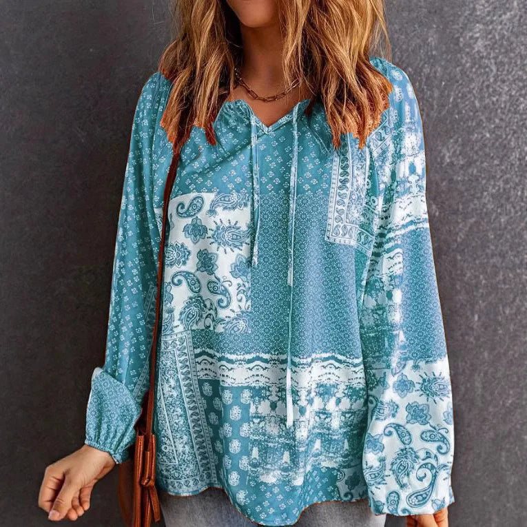 Haley Aqua Neck Tie Boho Long Sleeve Blouse
