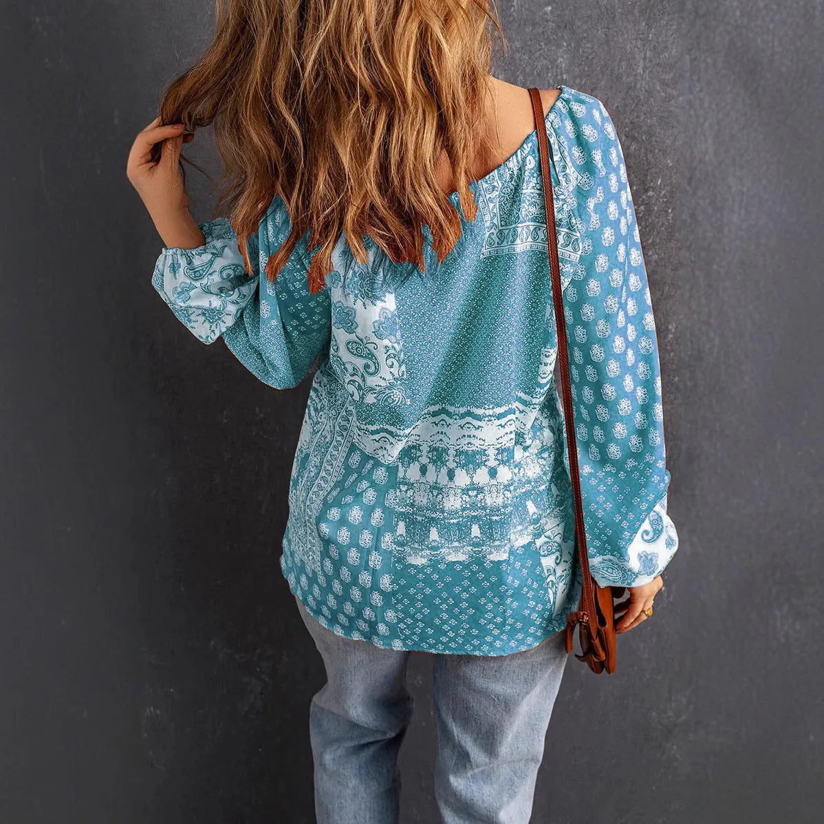Haley Aqua Neck Tie Boho Long Sleeve Blouse