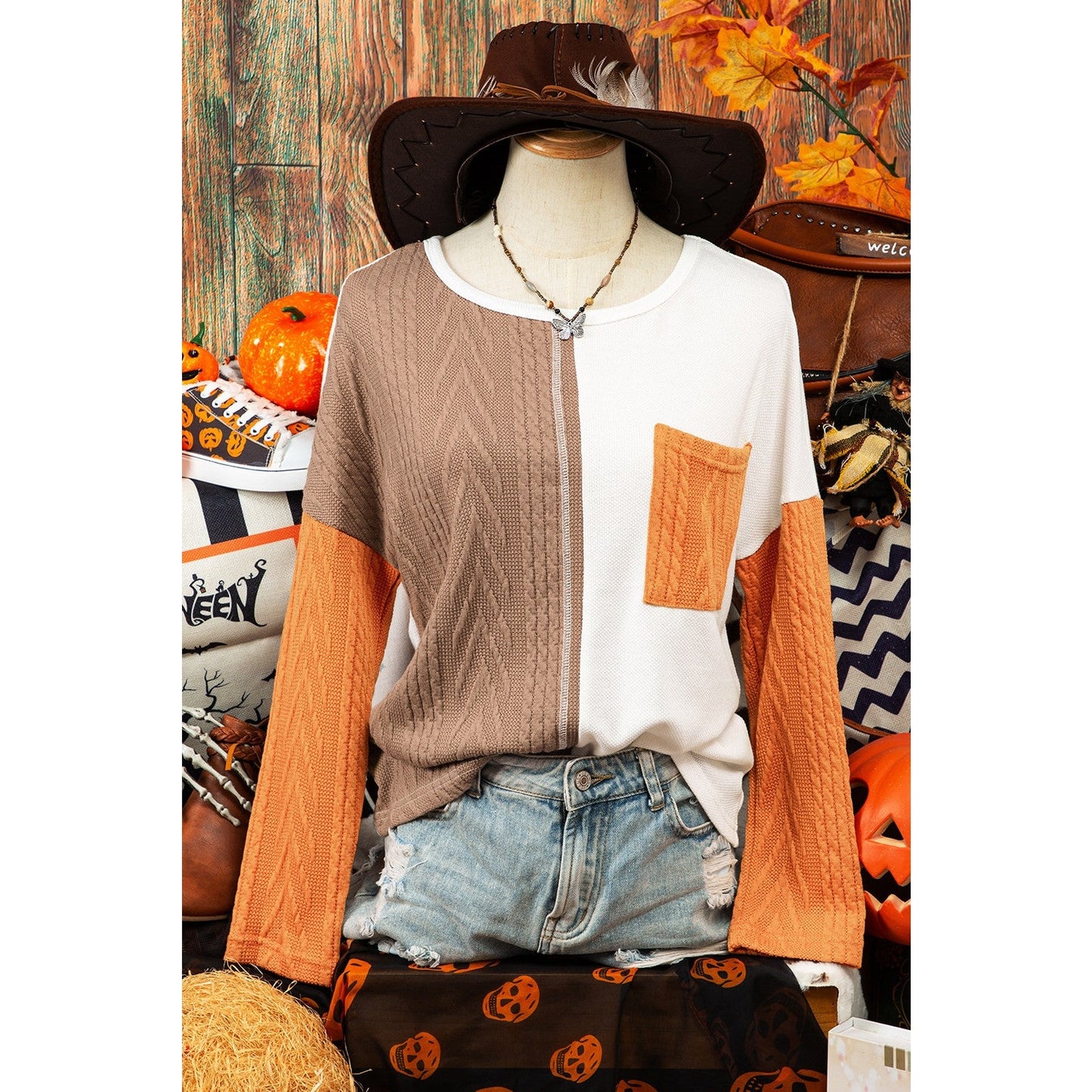 REDUCED!!! Hallie Orange Long Sleeve Colorblock Chest Pocket Textured Knit Top REDUCED!!!