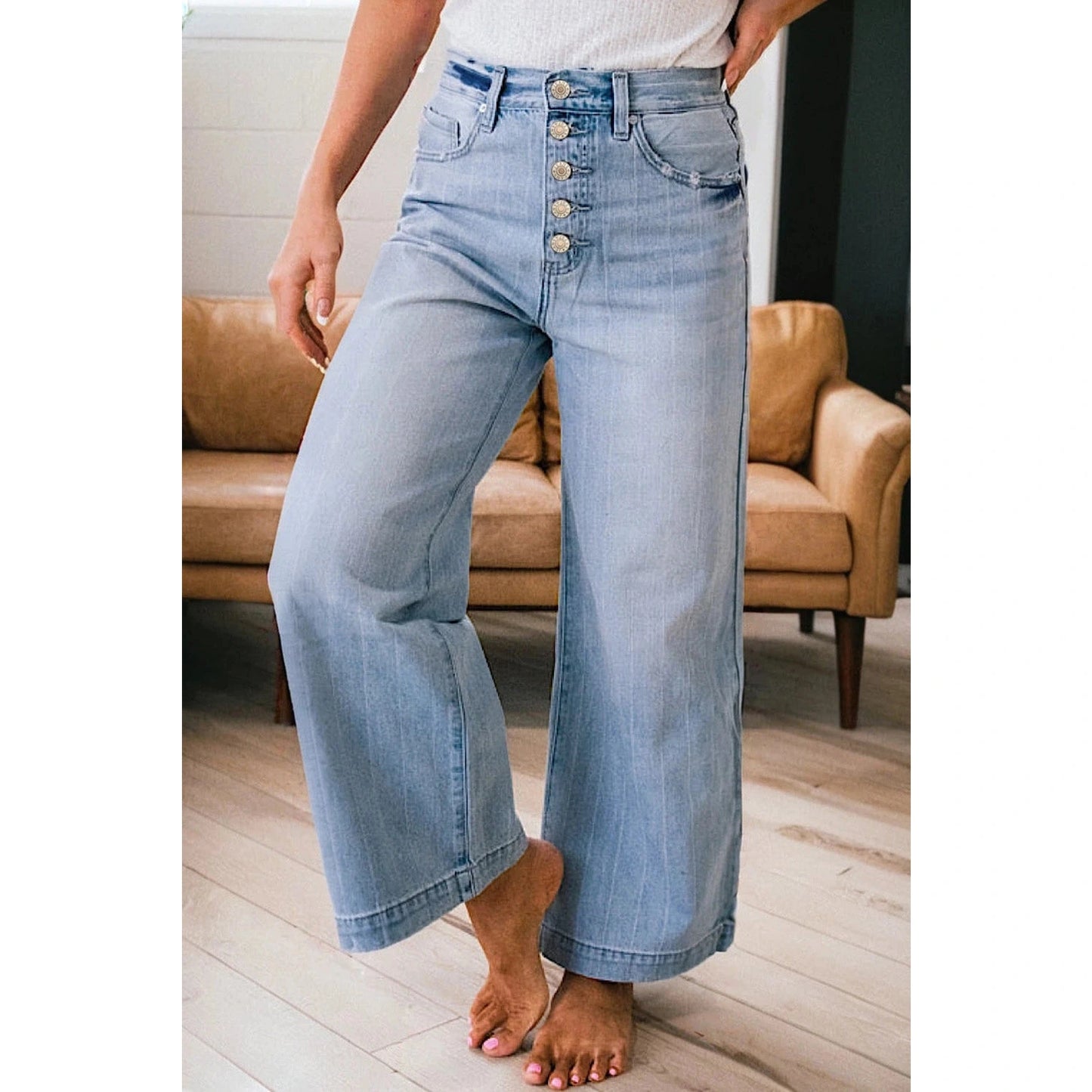 Hancelle Beau Blue Multi Buttons Pinstripe Wide Leg Jeans