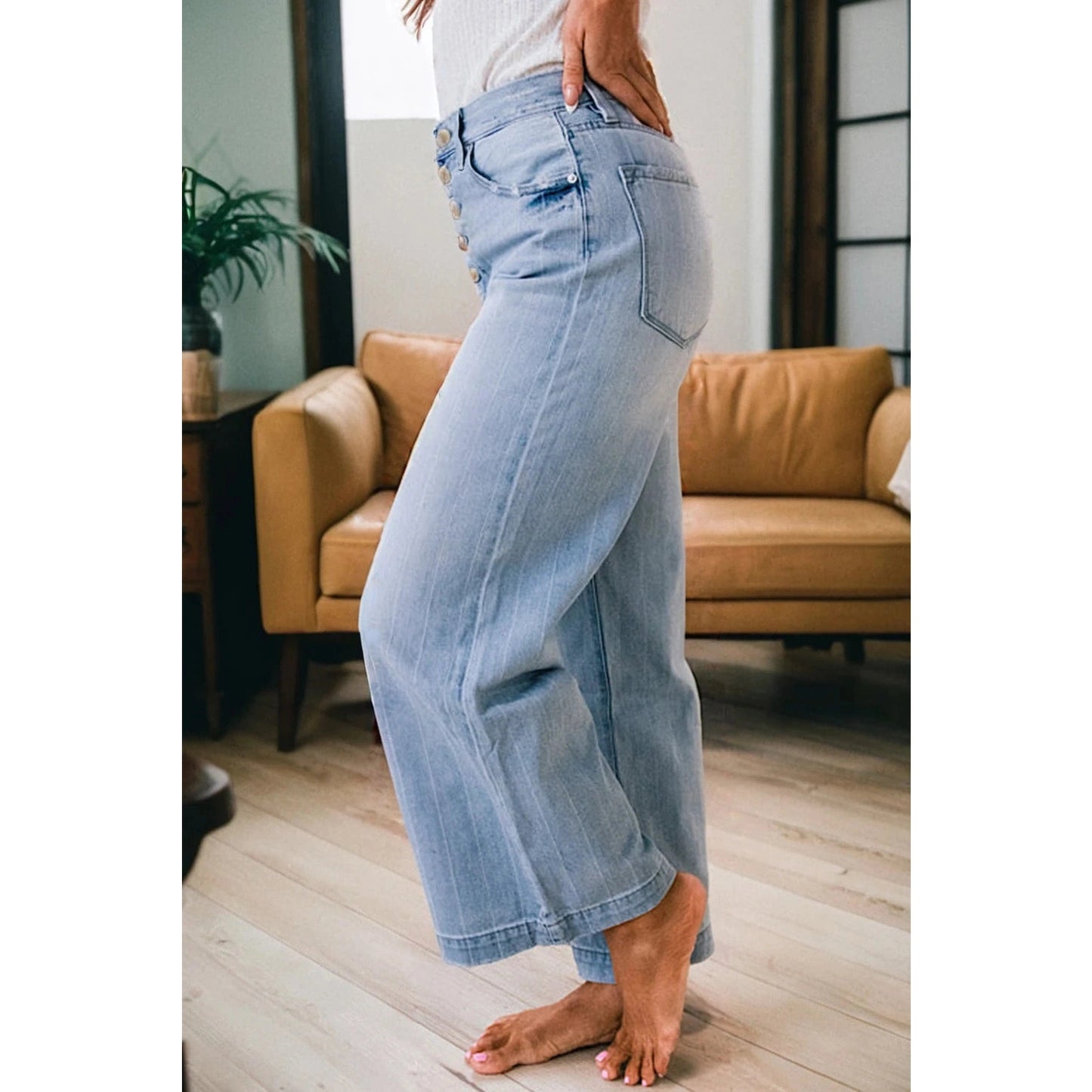 Hancelle Beau Blue Multi Buttons Pinstripe Wide Leg Jeans