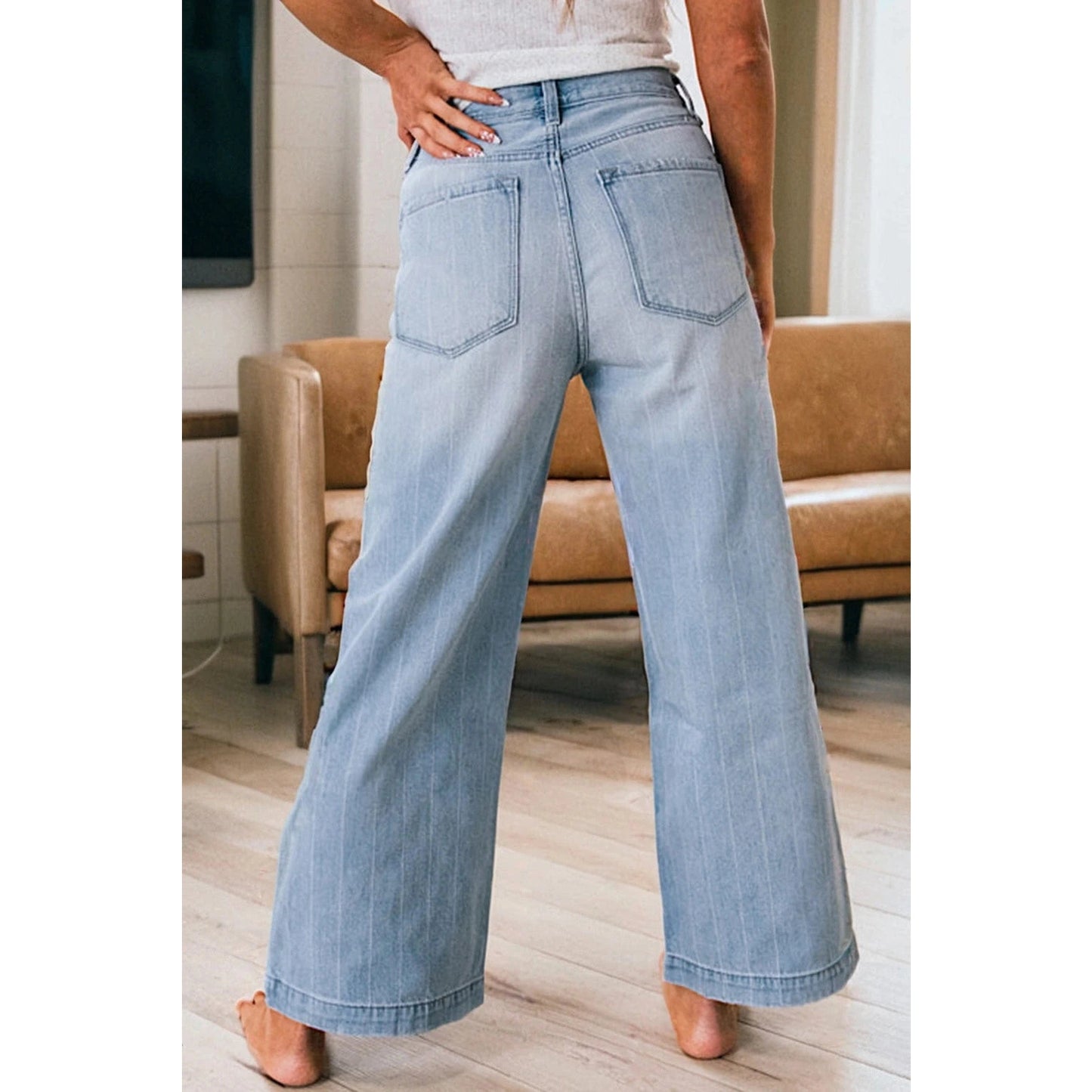 Hancelle Beau Blue Multi Buttons Pinstripe Wide Leg Jeans