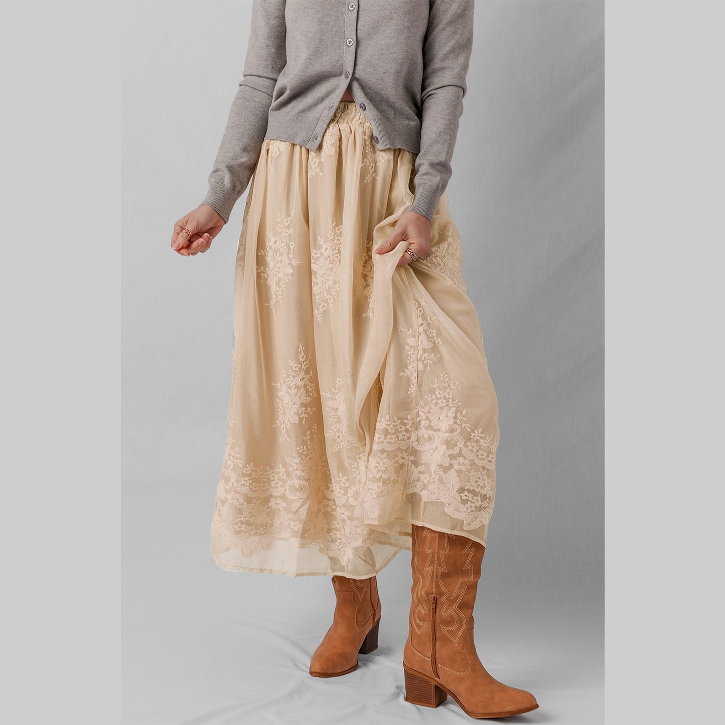Hannah Embroidered Mesh Overlay Flowy Long Skirt