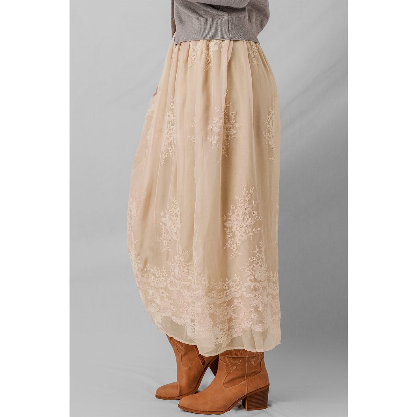 Hannah Embroidered Mesh Overlay Flowy Long Skirt
