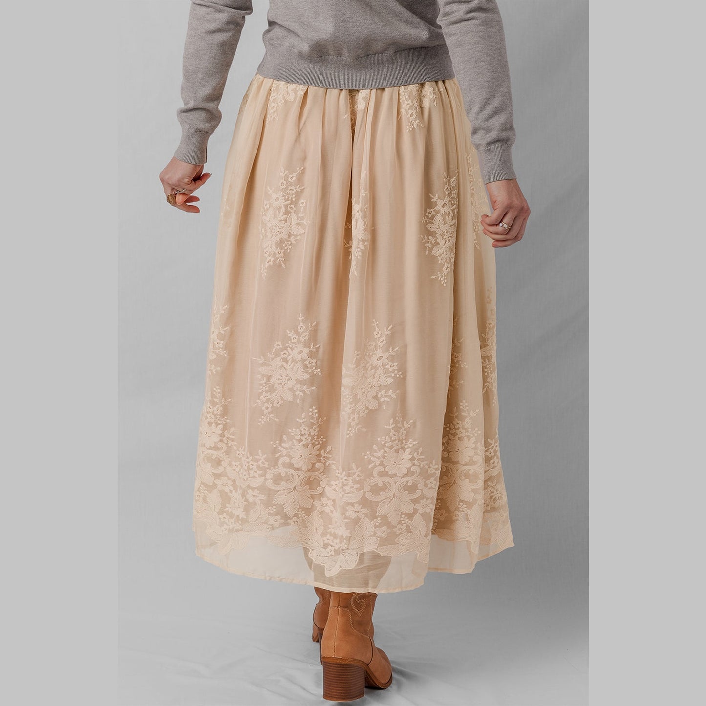 Hannah Embroidered Mesh Overlay Flowy Long Skirt