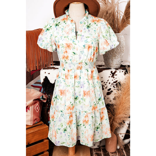 Harnett Floral Print Shirred High Waist Puff Sleeve Mini Dress