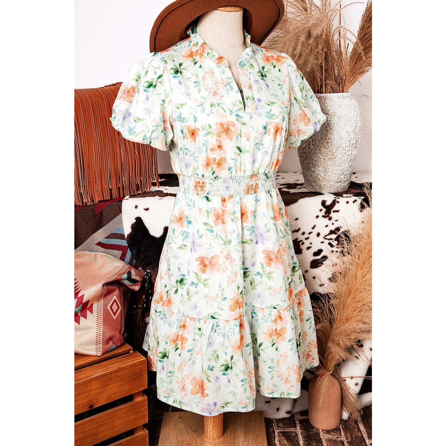 Harnett Floral Print Shirred High Waist Puff Sleeve Mini Dress