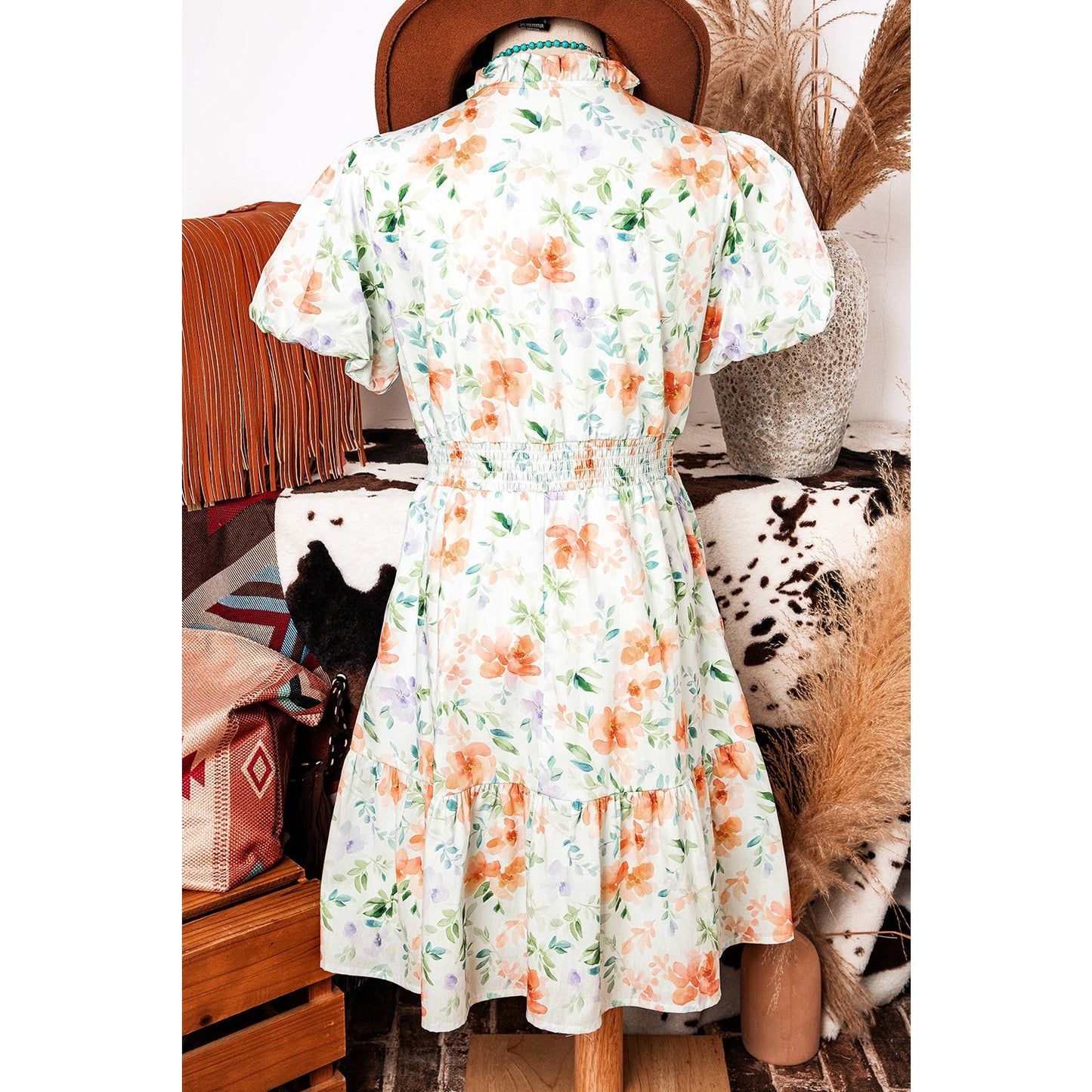 Harnett Floral Print Shirred High Waist Puff Sleeve Mini Dress