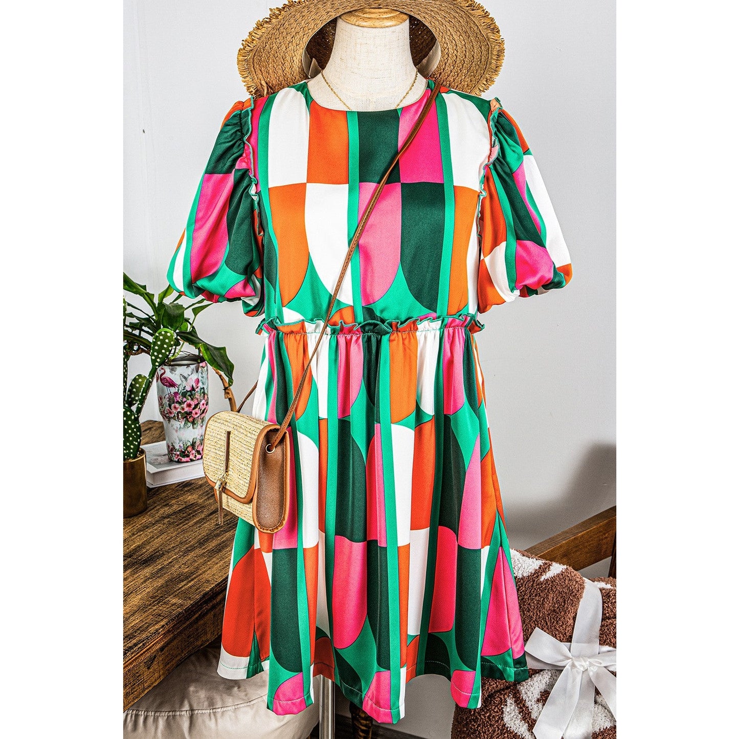 REDUCED!!! Harper Green Abstract Print Puff Sleeve Short Dress REDUCED!!!