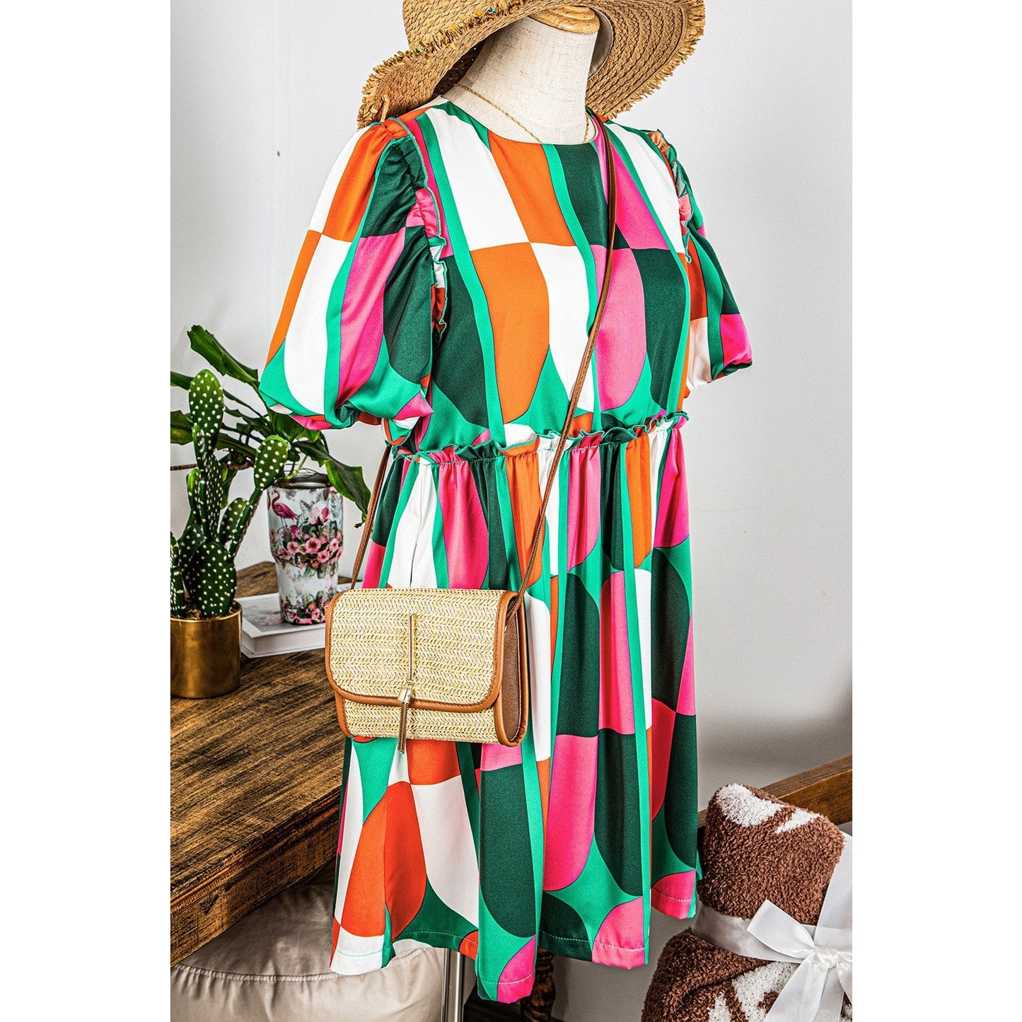 REDUCED!!! Harper Green Abstract Print Puff Sleeve Short Dress REDUCED!!!