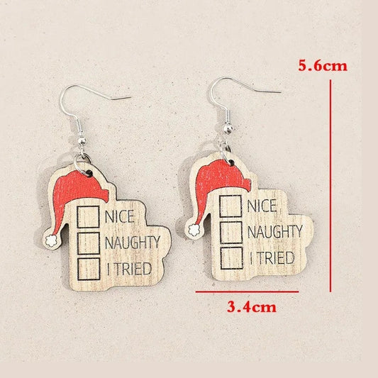 Wooden Santa Hat Naughty Nice Earrings