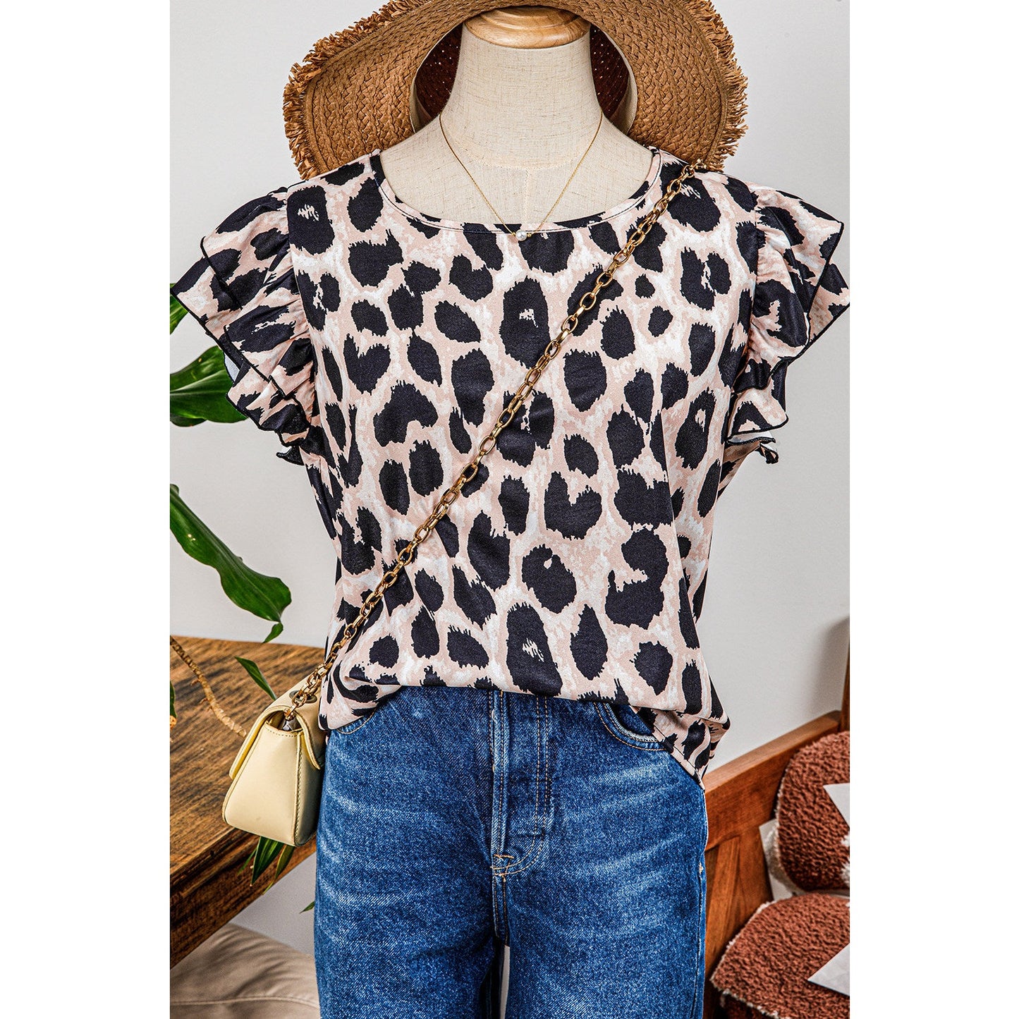 Hayden Leopard Print Layered Ruffled Short Sleeve Blouse