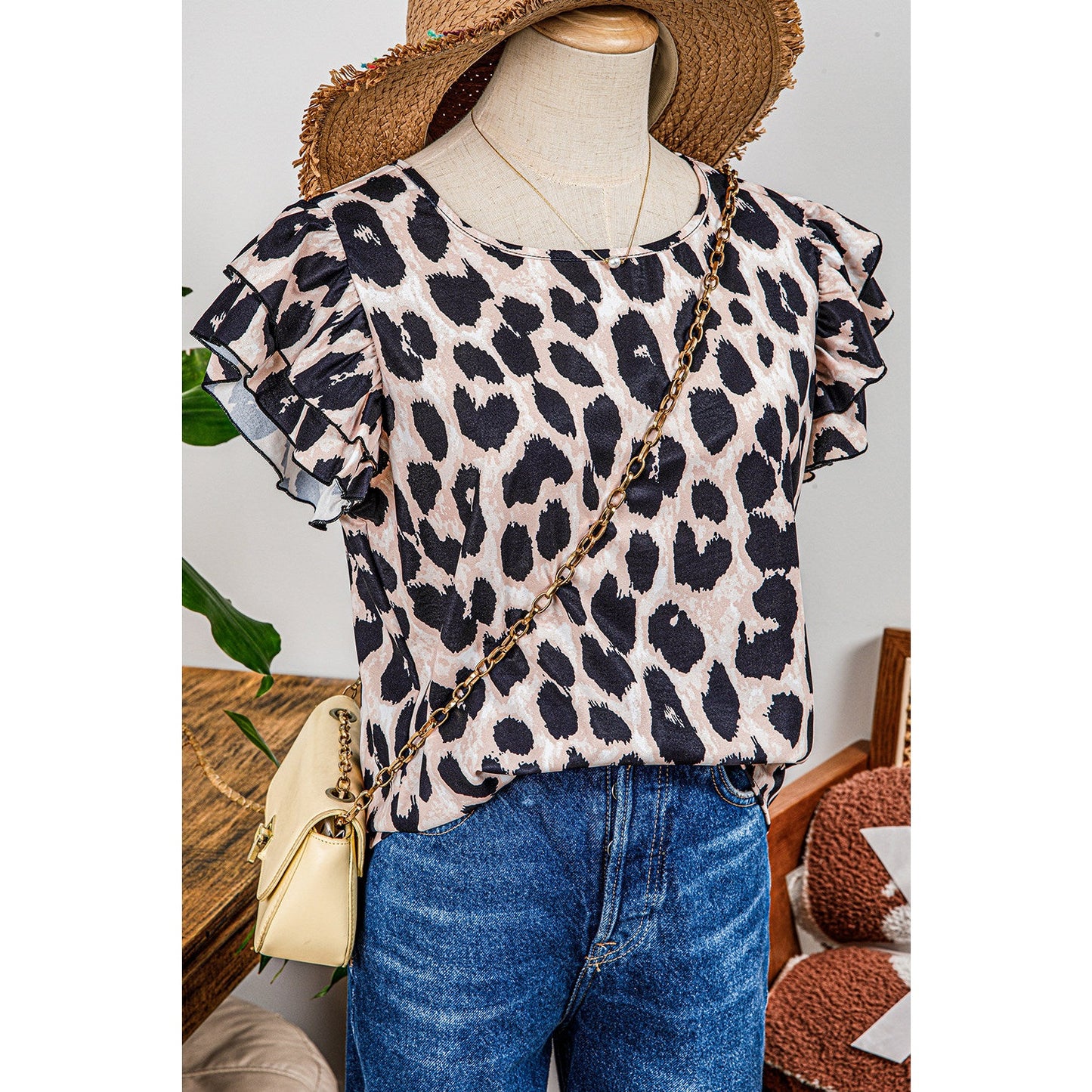 Hayden Leopard Print Layered Ruffled Short Sleeve Blouse
