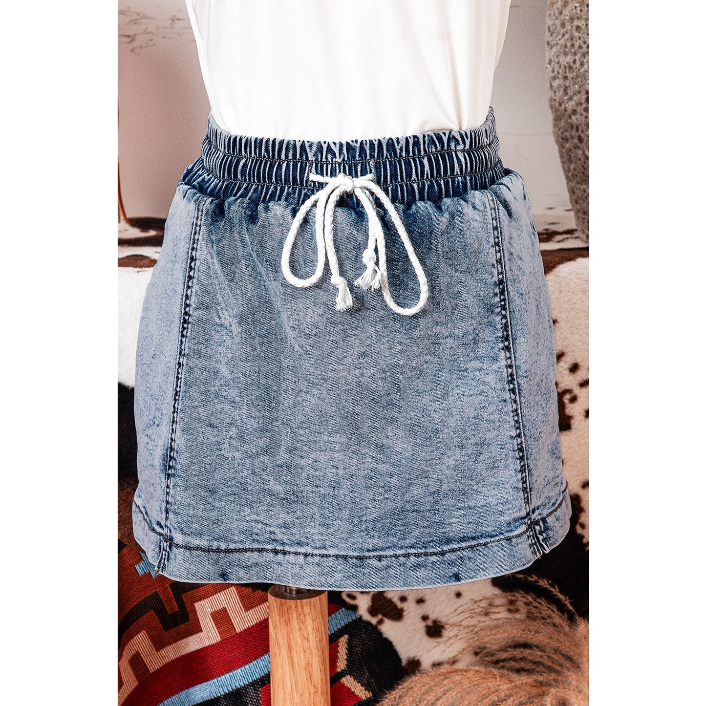 Henrietta Dusk Blue Drawstring High Waist Pocketed Denim Shorts