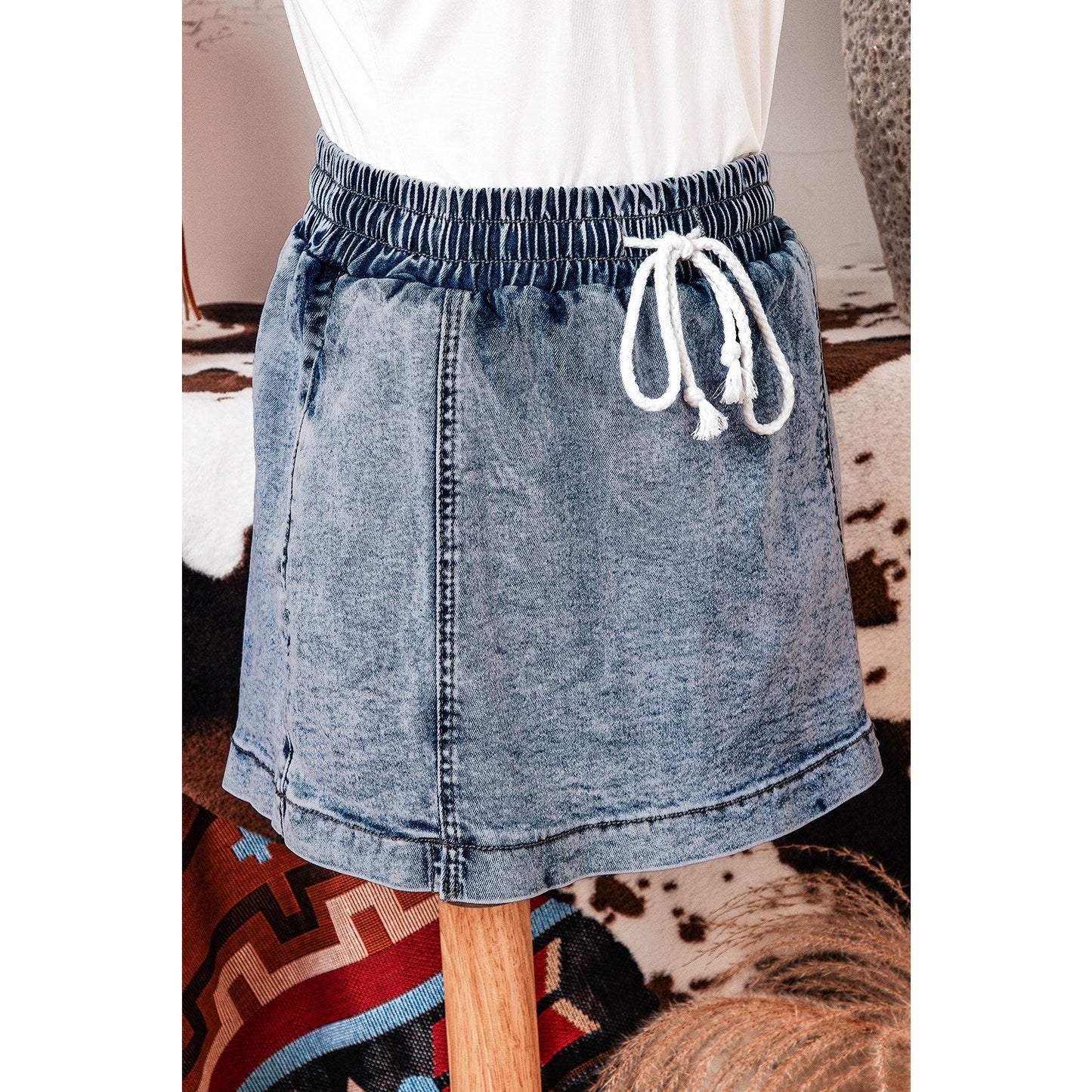 Henrietta Dusk Blue Drawstring High Waist Pocketed Denim Shorts