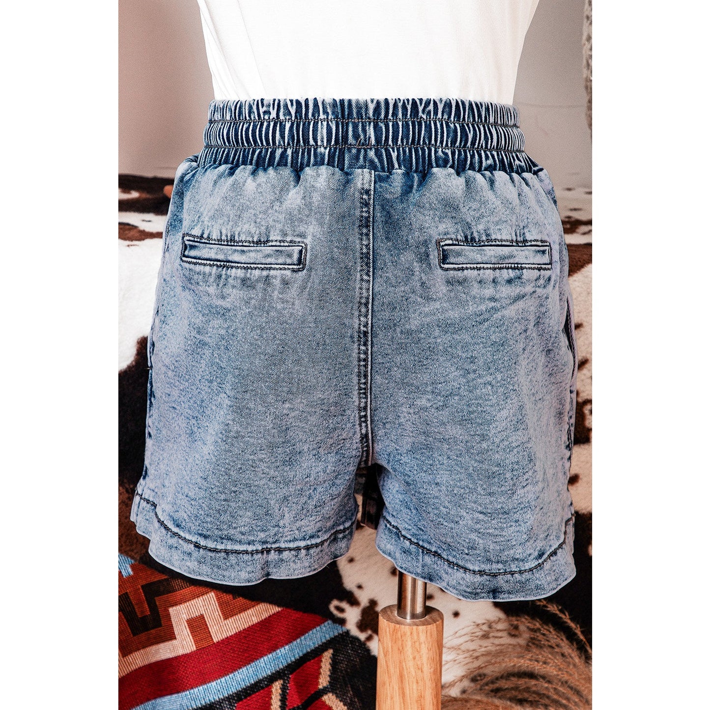 Henrietta Dusk Blue Drawstring High Waist Pocketed Denim Shorts