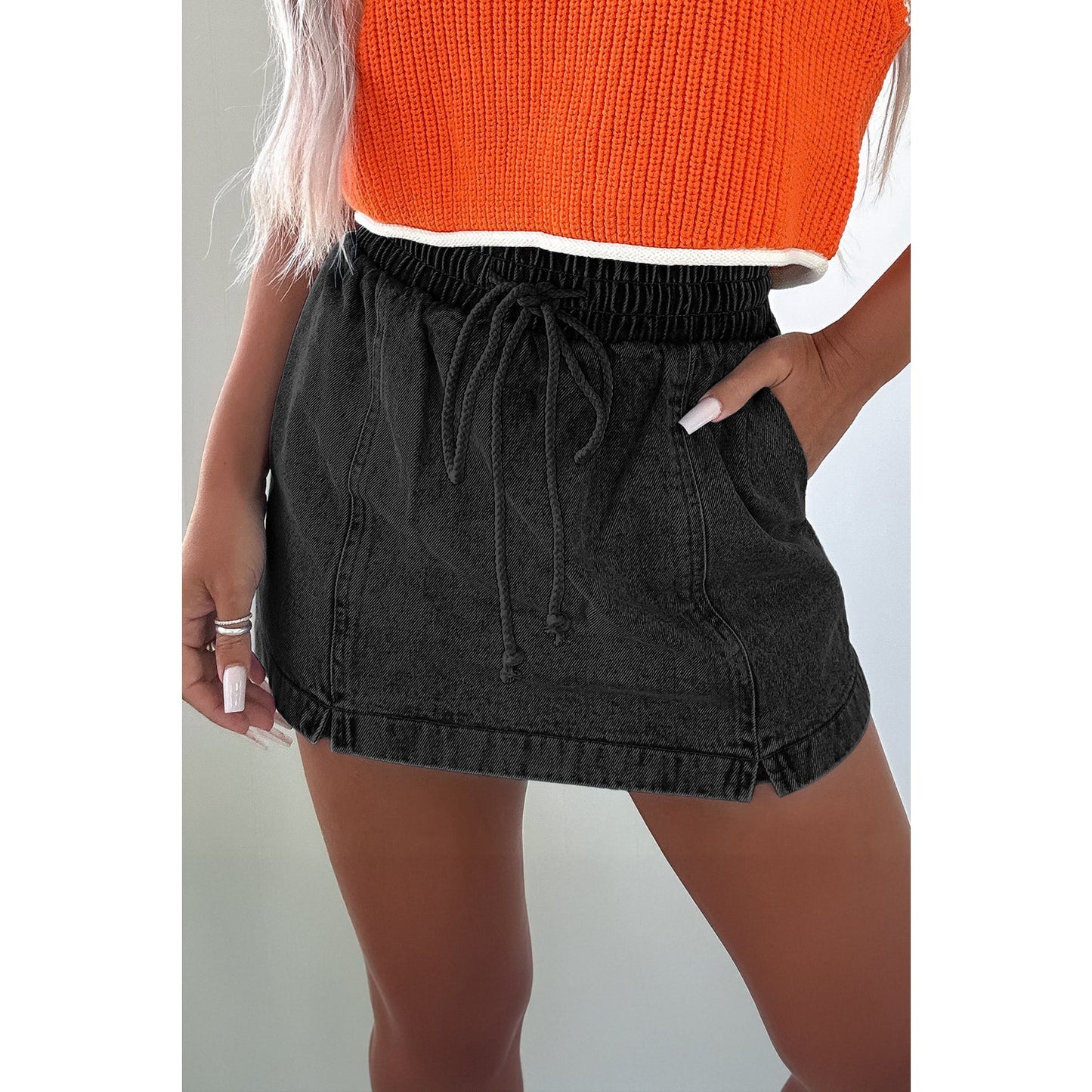 Henrietta Black Drawstring High Waist Pocketed Denim Shorts