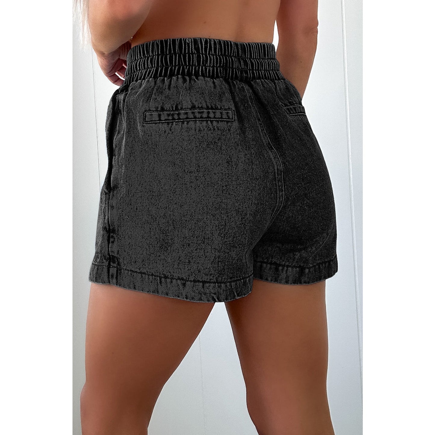Henrietta Black Drawstring High Waist Pocketed Denim Shorts