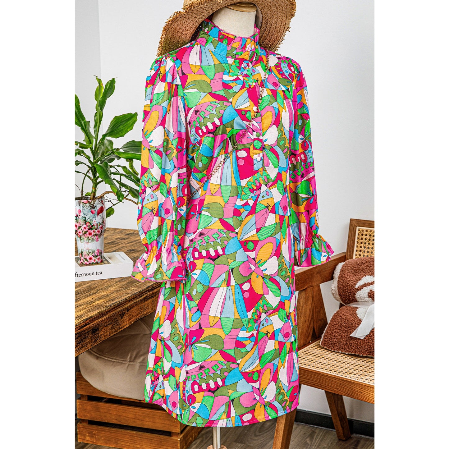 REDUCED!!! Hester Pink Abstract Printed Lantern Sleeve Buttoned Mini Dress REDUCED!!!