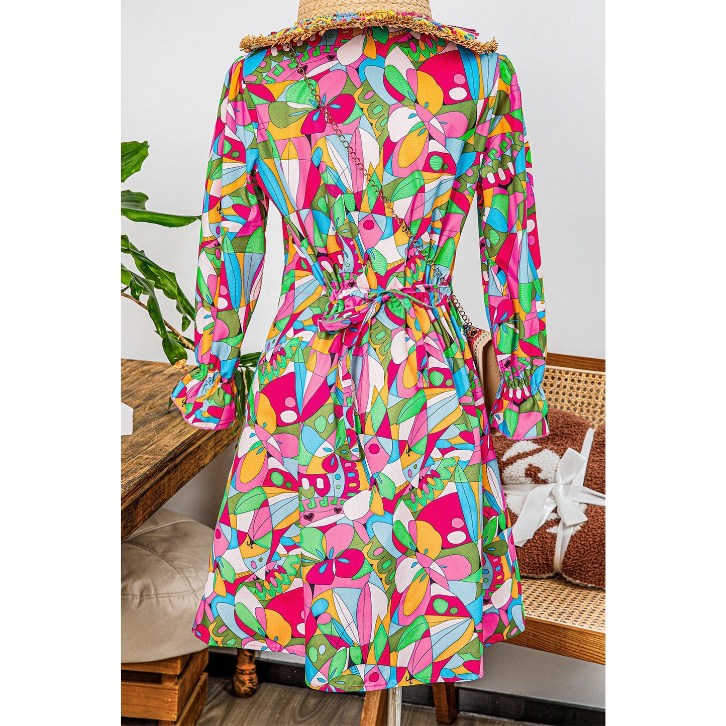 REDUCED!!! Hester Pink Abstract Printed Lantern Sleeve Buttoned Mini Dress REDUCED!!!