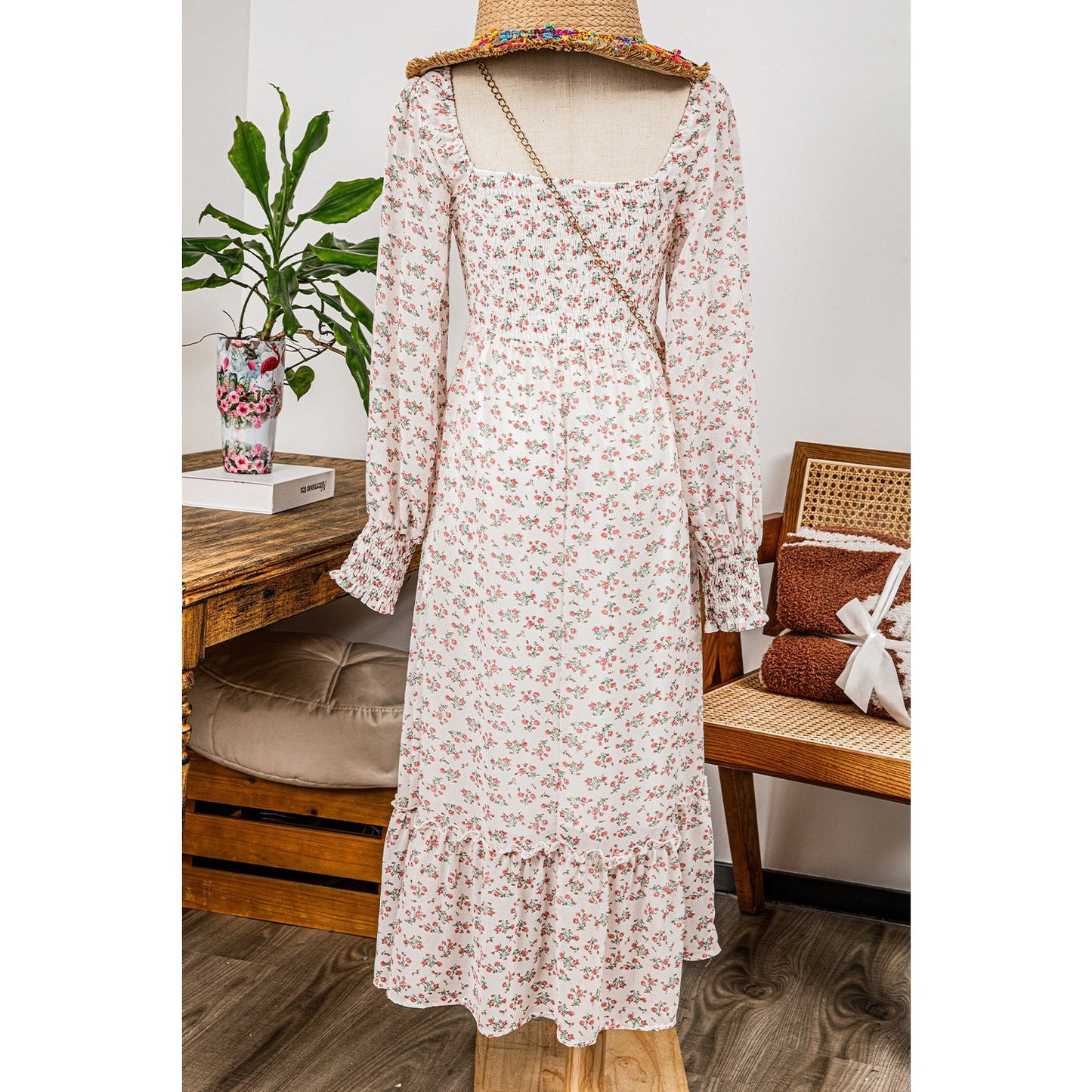 Ida Floral Print Shirred Ruffled Hem Square Neck Midi Dress
