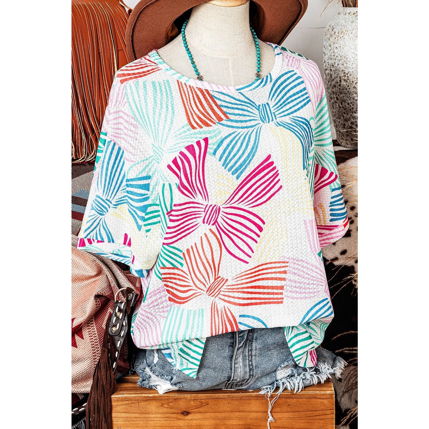 Irma White Multicolour Bowknot Printed Waffle Crewneck Loose Short Sleeve Top