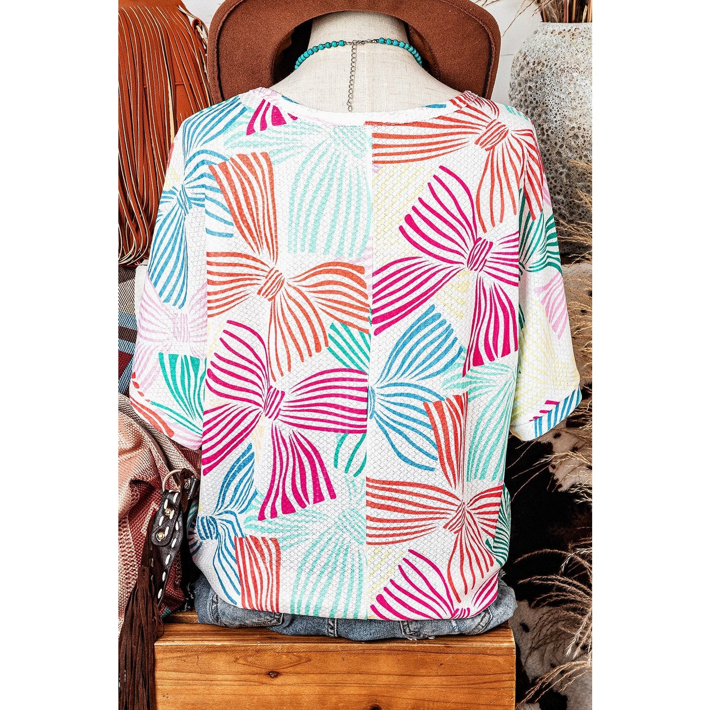 Irma White Multicolour Bowknot Printed Waffle Crewneck Loose Short Sleeve Top