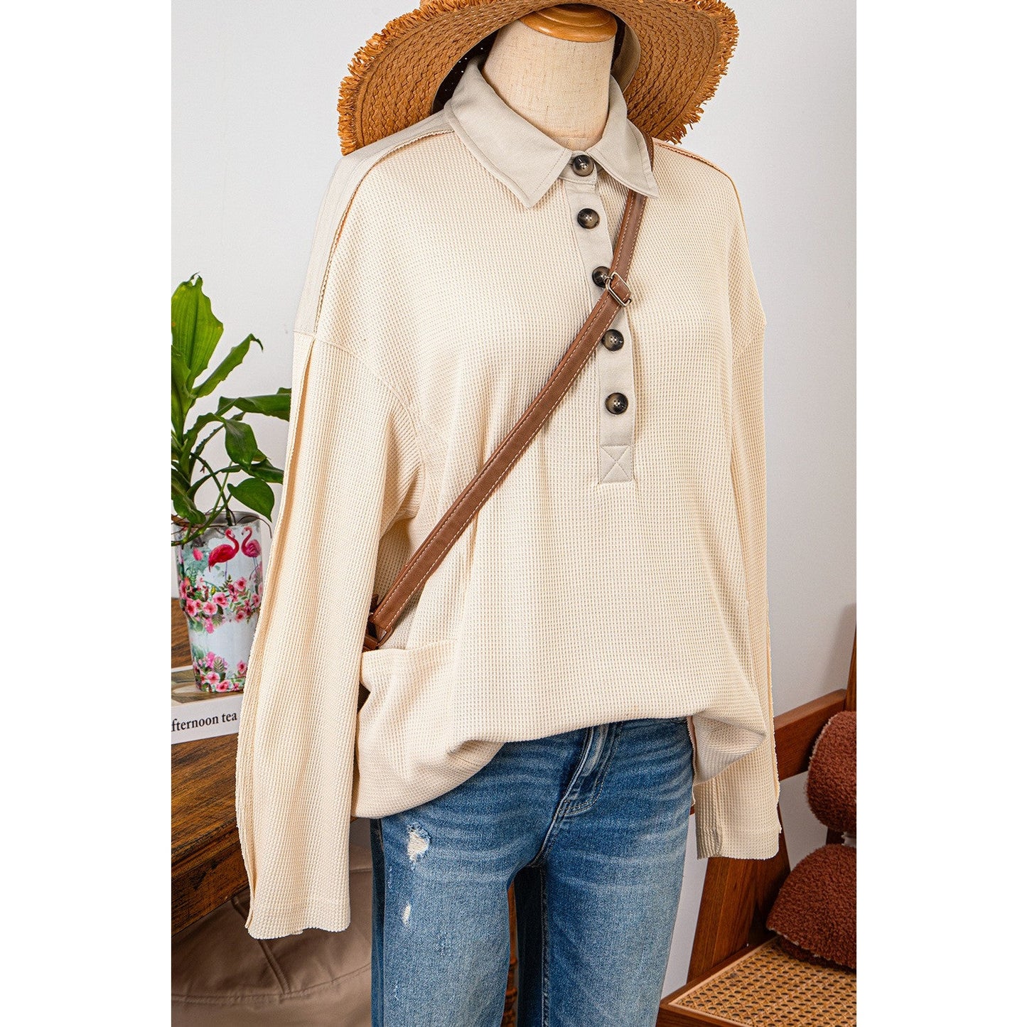 Izzy Cream Waffle Long Sleeve Collar Half Button Loose Top