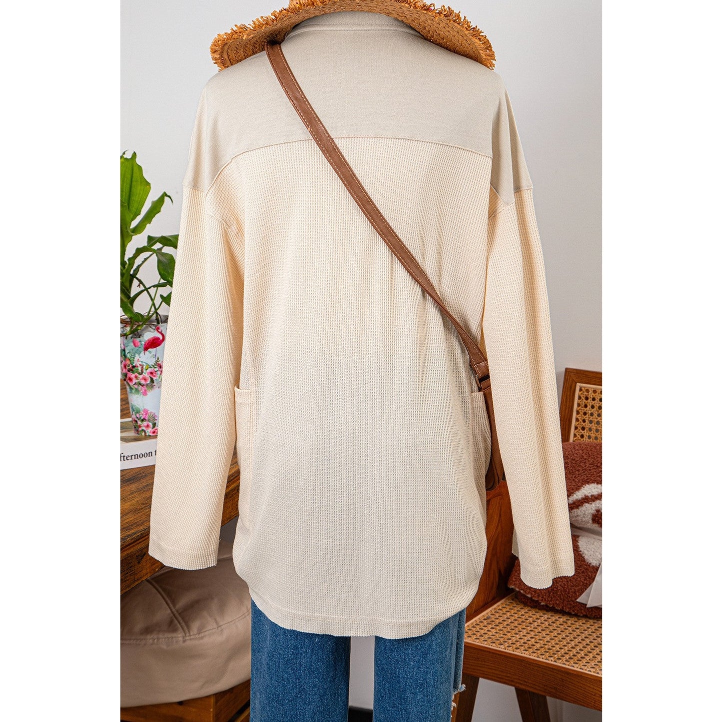 Izzy Cream Waffle Long Sleeve Collar Half Button Loose Top