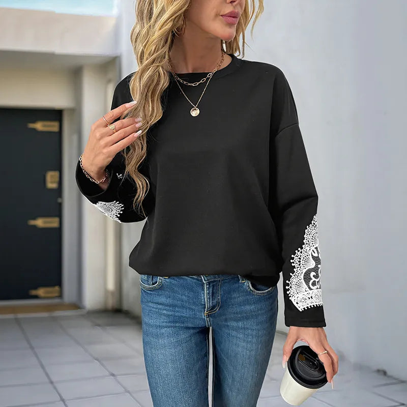 Jade Black Lace Patchwork Long Sleeve Sweatshirt