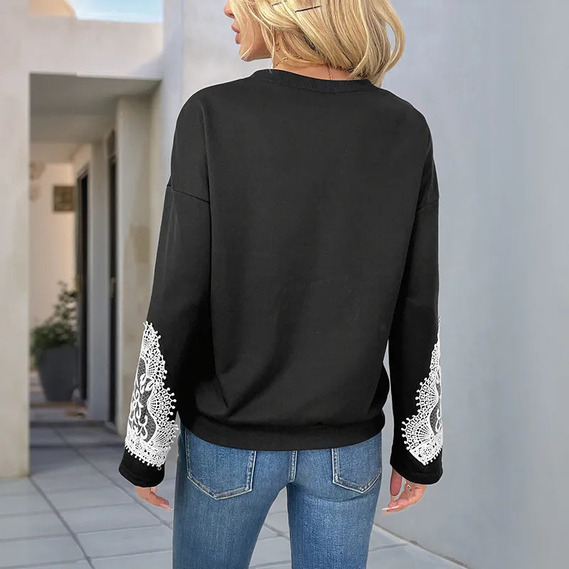 Jade Black Lace Patchwork Long Sleeve Sweatshirt