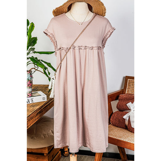 Jaiden Oatmeal Frilled Trim Crew Neck Loose Fit Mini Dress