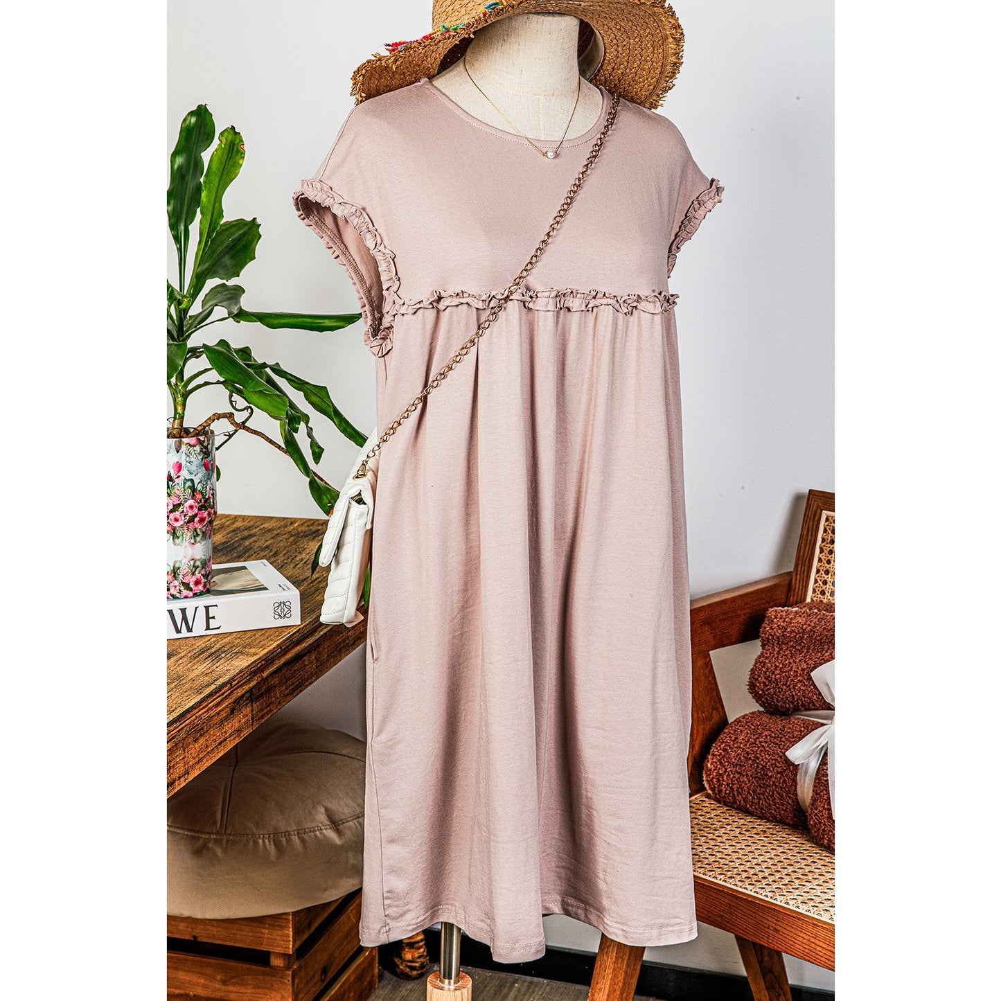 Jaiden Oatmeal Frilled Trim Crew Neck Loose Fit Mini Dress