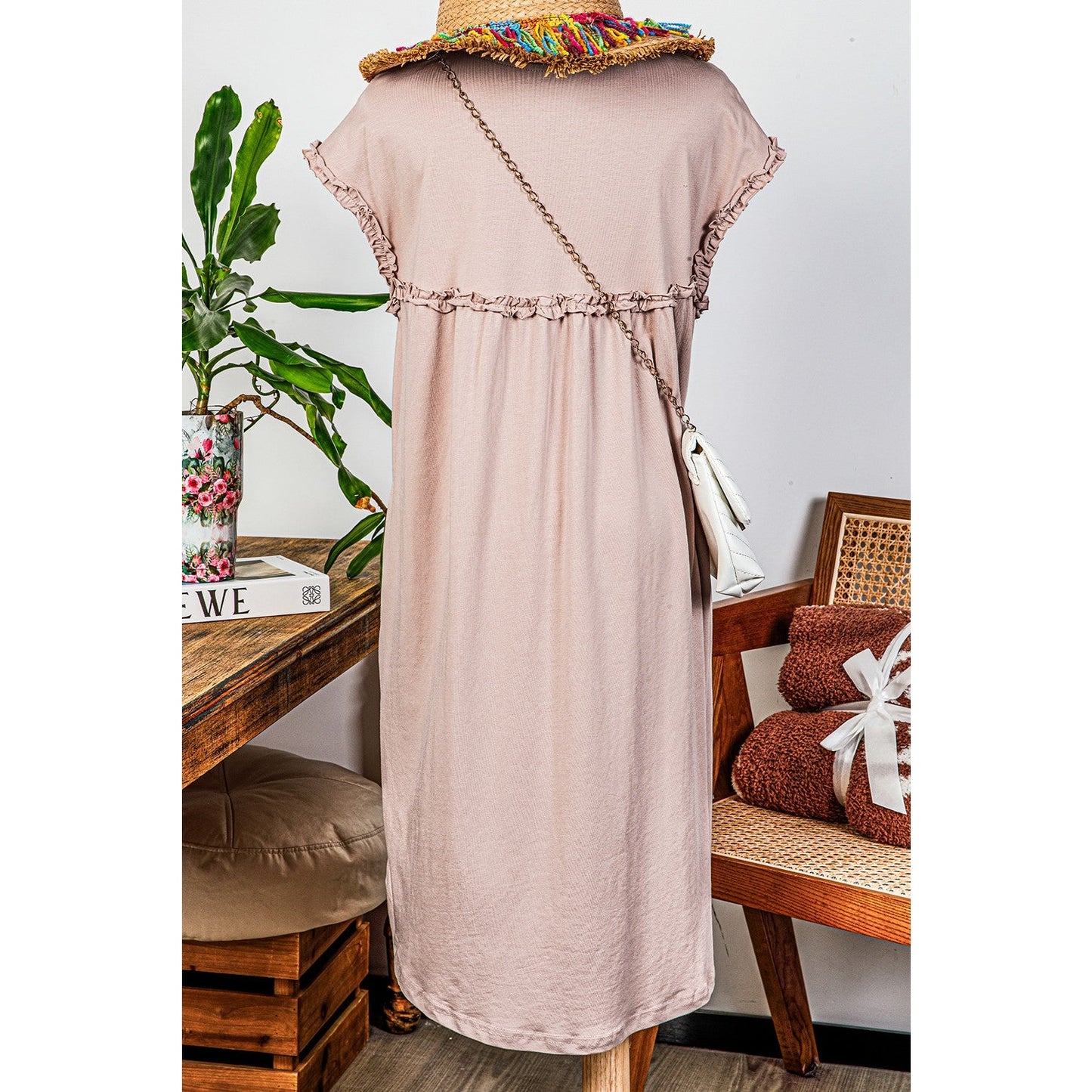 Jaiden Oatmeal Frilled Trim Crew Neck Loose Fit Mini Dress