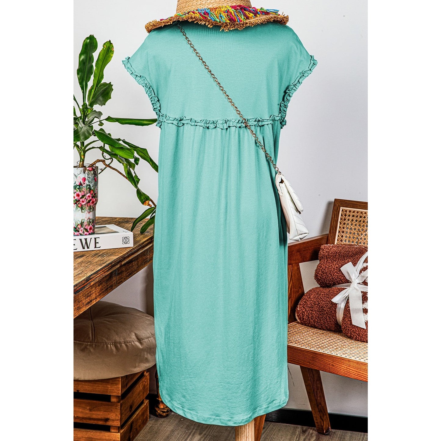 Jaiden Mint Frilled Trim Crew Neck Loose Fit Mini Dress
