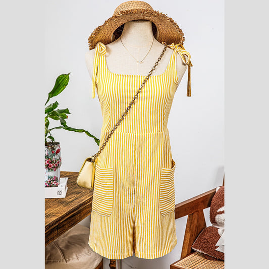 Jannae Yellow Stripe Shoulder Tie Smocked Back Wide Leg Casual Romper