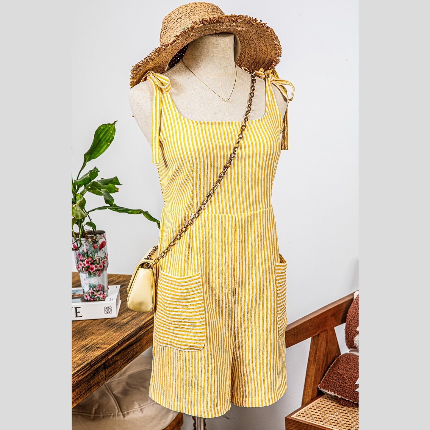 Jannae Yellow Stripe Shoulder Tie Smocked Back Wide Leg Casual Romper