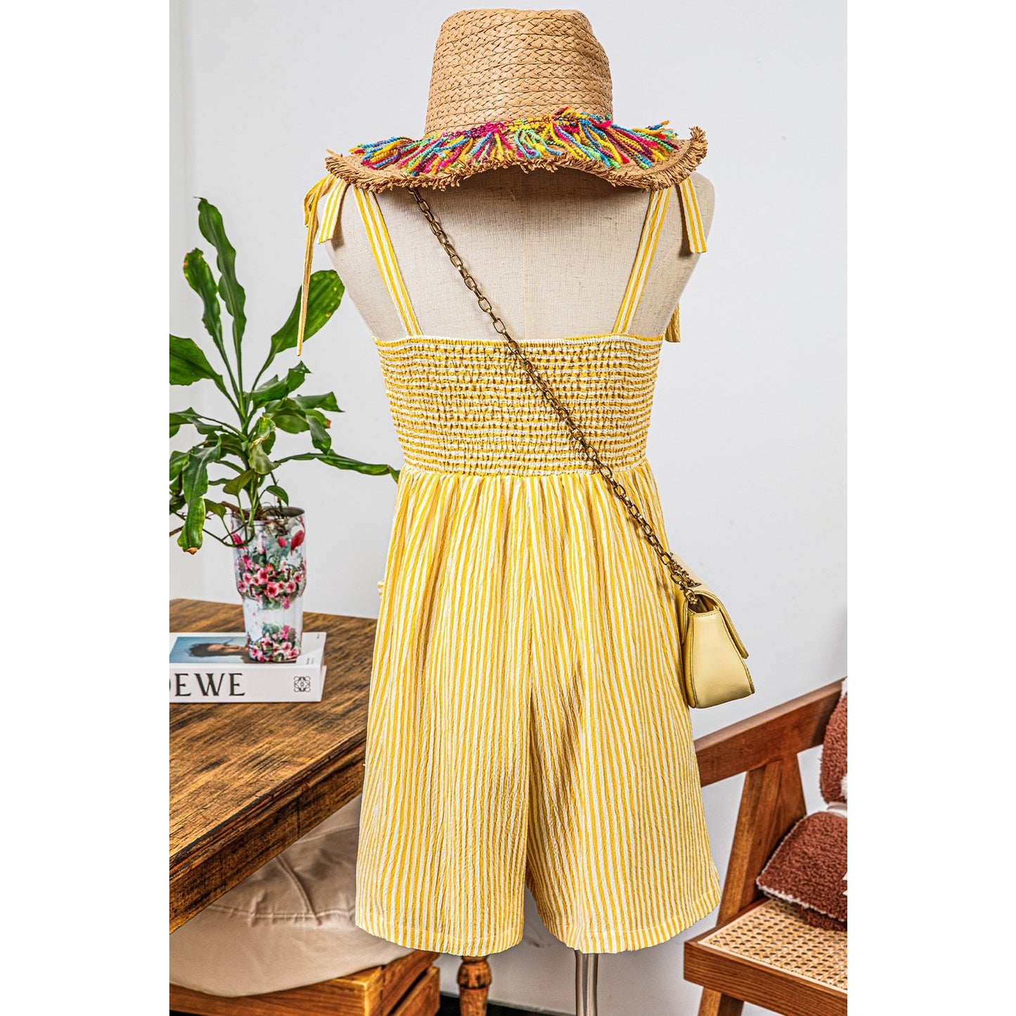 Jannae Yellow Stripe Shoulder Tie Smocked Back Wide Leg Casual Romper
