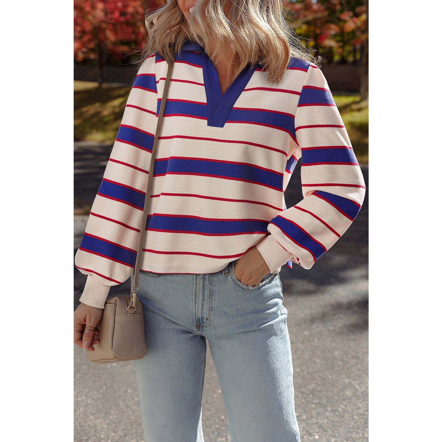 Jayde Blue Stripe Color Block Polo Pullover Sweatshirt