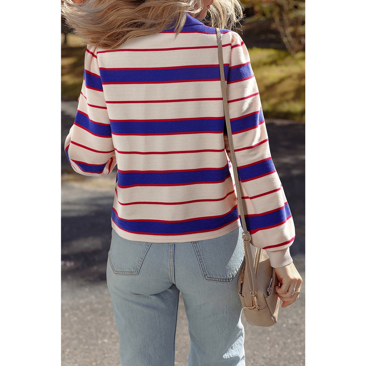Jayde Blue Stripe Color Block Polo Pullover Sweatshirt